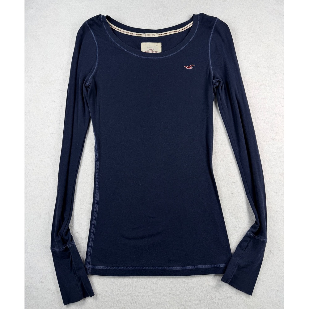 Vintage Hollister Y2K Navy Blue Ribbed Long Sleeve Scoop Neck Seagull Logo Top L